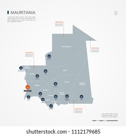 Mauritania map with borders, cities, capital Nouakchott and
administrative divisions. Infographic vector map. Editable layers clearly labeled.