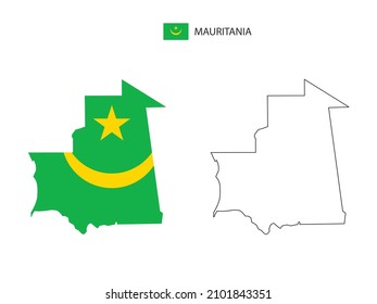 Mauritania map city vector divided by outline simplicity style. Have 2 versions, black thin line version and color of country flag version. Both map were on the white background.
