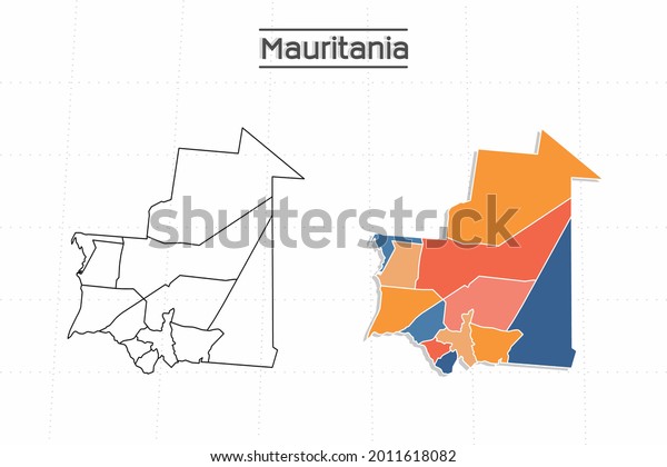 Mauritania map city vector\
divided by colorful outline simplicity style. Have 2 versions,\
black thin line version and colorful version. Both map were on the\
white background.