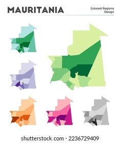 Mauritania map collection. Borders of Mauritania for your infographic. Colored country regions. Vector illustration.