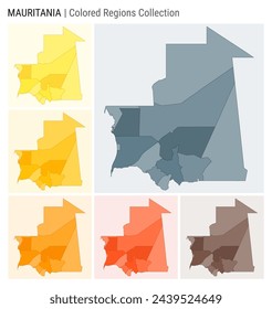 Mauritania map collection. Country shape with colored regions. Blue Grey, Yellow, Amber, Orange, Deep Orange, Brown color palettes. Border of Mauritania with provinces for your infographic.