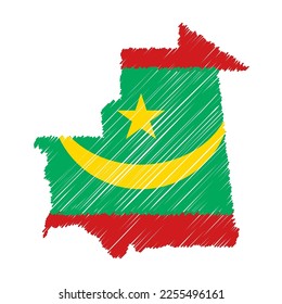 Mauritania map color hand drawn sketch. Vector concept illustration flag, scribble map. Country map for infographic, brochures and presentations isolated on white background. Vector illustration.