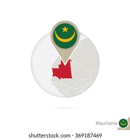 Mauritania map and flag in circle. Map of Mauritania, Mauritania flag pin. Map of Mauritania in the style of the globe. Vector Illustration.