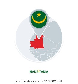 Mauritania map and flag, vector map icon with highlighted Mauritania