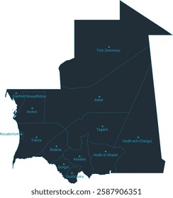 Mauritania map high detailed with administrative divide by state, capital cities names, outline simplicity style. Vector illustration EPS10.