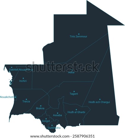 Mauritania map high detailed with administrative divide by state, capital cities names, outline simplicity style. Vector illustration EPS10.