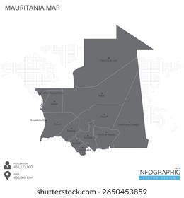 Mauritania map high detailed with regions and cities of the country on white background. Vector illustration EPS10.