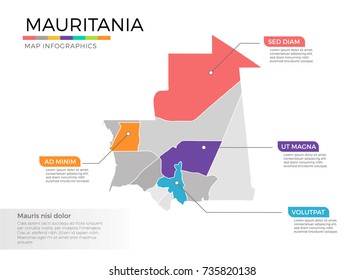 Mauritania map infographics vector template with regions and pointer marks