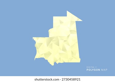 Mapa de Mauritania en estilo de Vector de polígono de polietileno bajo, ilustración de forma geométrica con tonos amarillos suaves sobre fondo azul, silueta limpia para infografía.