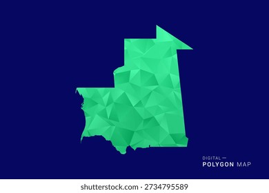 Mapa de Mauritania - Vector de bajo polígono polivinílico, silueta triangulada geométrica en tonos verdes y azules, estilo moderno limpio, fondo aislado para uso infográfico.