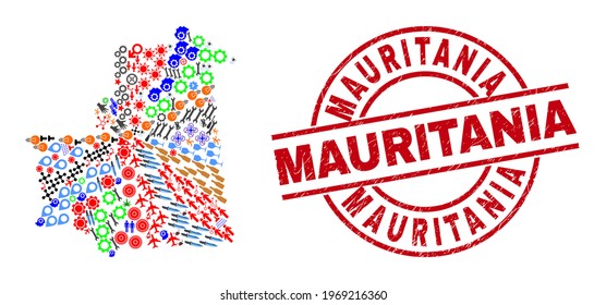Mauritania map mosaic and distress Mauritania red circle seal. Mauritania seal uses vector lines and arcs. Mauritania map collage contains markers, houses, screwdrivers, bugs, stars,