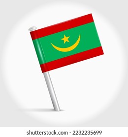 Mauritania map pin flag icon. Mauritanian pennant map marker on a metal needle. 3D realistic vector illustration.