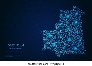 Mapa de Mauritania desde el punto azul y estrellas brillantes en un fondo oscuro. Vector eps 10.