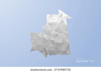Mapa de Mauritania - Ilustración vectorial de estilo polígono en tonos grises, blancos y azules, diseño geométrico de bajo poli, silueta mínima, adecuada para infografía y diseño moderno.