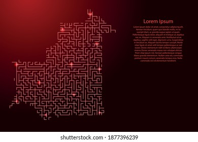 Mauritania map from red pattern of the maze grid and glowing space stars grid. Vector illustration.