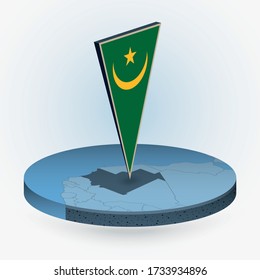 Mauritania map in round isometric style with triangular 3D flag of Mauritania, vector map in blue color. 