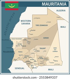 Mauritania Map Vector Vintage Dark Blue Beige - Customizable layered political map of Mauritania with administrative divisions for website, education, reports, news, politics, print, poster and wallpa