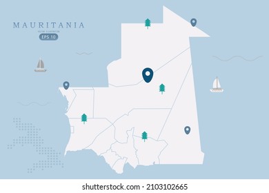 Mapa de Mauritania - Mapa mundial Plantilla vectorial internacional Alto detallado con color blanco aislado en fondo azul incluyendo punto de ubicación simple, árbol, icono del barco - Ilustración vectorial eps 10
