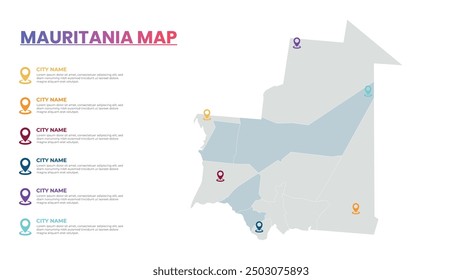 Mauritania Modern Map Infographic Template, Detailed infographic map of Mauritania Popular City