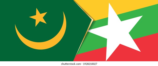 Mauritania and Myanmar flags, two vector flags symbol of relationship or confrontation.