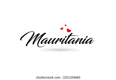 Mauritania name country word with three red love heart. Creative typography icon logo design