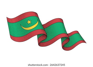 Mauritania national flag waving ribbon shape with engraved vintage texture