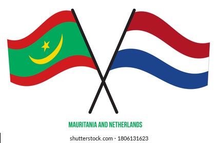 Mauritania and Netherlands Flags Crossed And Waving Flat Style. Official Proportion. Correct Colors.