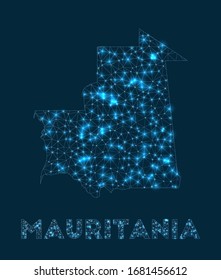 Mauretanien-Netzwerkkarte. Abstrakte geometrische Karte des Landes. Internetanschlüsse und Telekommunikation. Erstaunliche Vektorillustration.