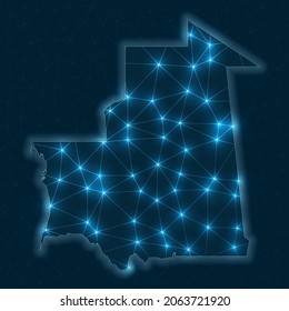 Mauritania network map. Abstract geometric map of the country. Digital connections and telecommunication design. Glowing internet network. Astonishing vector illustration.