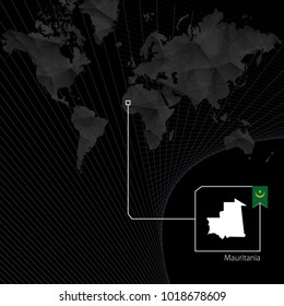 Mauritania on black World Map. Map and flag of Mauritania.