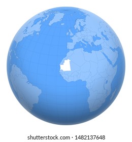 Mauritania on the globe. Earth centered at the location of the Islamic Republic of Mauritania. Map of Mauritania. Includes layer with capital cities.