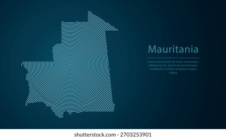 Mapa de contorno de Mauritania lleno de círculos concéntricos sobre fondo degradado oscuro