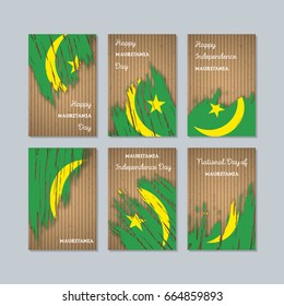 Mauritania Patriotic Cards for National Day. Expressive Brush Stroke in National Flag Colors on kraft paper background. Mauritania Patriotic Vector Greeting Card.