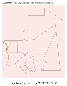Mauritania plain country map. High details. Outline regions style. Shape of Mauritania. Vector illustration.