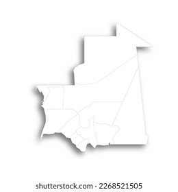 Mauritania political map of administrative divisions - regions and Nouakchott departments. Flat white blank map with thin black outline and dropped shadow.