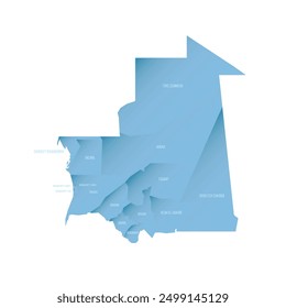 Mauritania political map of administrative divisions - regions and Nouakchott departments. Shaded vector map with 3D-like blue gradient and name labels