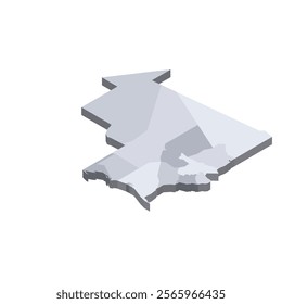 Mauritania political map of administrative divisions - regions and Nouakchott departments. 3D isometric blank vector map in shades of grey.