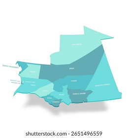 Mapa político mauritano das divisões administrativas - regiões e departamentos de Nouakchott. Mapa de vetor turquesa 3D com rótulos de nome.