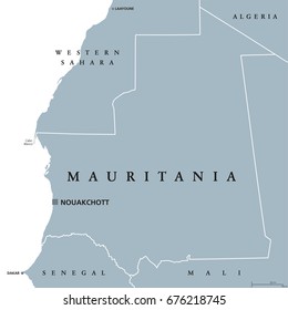 Mauritania political map with capital Nouakchott. Islamic republic and Arab country in the Maghreb region of Western Africa.  Gray illustration isolated on white background. English labeling. Vector.