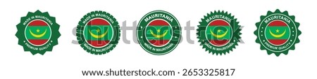 mauritania product label set. mauritania flag, premium made in mauritania . Labels, seals, stamps, flags, icons
