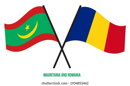 Mauritania and Romania Flags Crossed And Waving Flat Style. Official Proportion. Correct Colors.