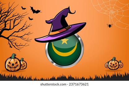 mauritania round flag with Happy Halloween banner or party invitation background. bats, spiders and pumpkins, orange background