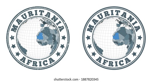 Mauritania round logos. Circular badges of country with map of Mauritania in world context. Plain and textured country stamps. Vector illustration.
