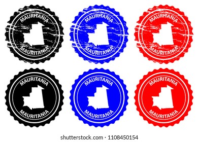 Mauritania - rubber stamp - vector,  Islamic Republic of Mauritania map pattern - sticker - black, blue and red