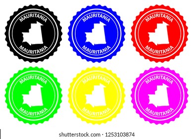Mauritania - rubber stamp - vector,  Islamic Republic of Mauritania map pattern - sticker - black, blue, green, yellow, purple and red