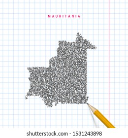 Mauritania sketch scribble vector map drawn on checkered school notebook paper background