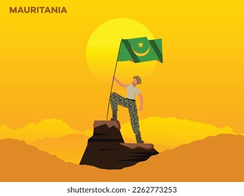 MAURITANIA Soldier on top of the mountain with the MAURITANIA flag. 
illustration of MAURITANIA Army soilder holding flag of MAURITANIA Happy Republic Day