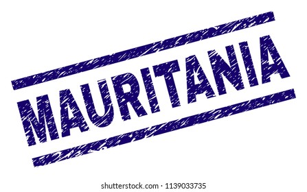 MAURITANIA stamp seal watermark with grunge style. Blue vector rubber print of MAURITANIA title with grunge texture. Text title is placed between parallel lines.