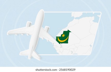 Mauritania Travel Illustration with Plane and National Flag. Ideal for travel agencies, promotional materials, or geographic content related to Mauritania.