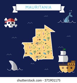 Mauritania treasure map in flat design. Colorful cartoon treasure map of Mauritania with flat design icons of pirate ship and jolly roger. Mauritania flat design vector illustration.